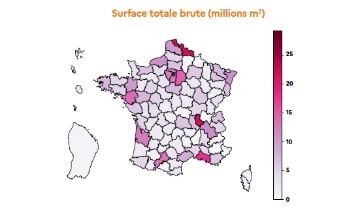 Carte de France, densité de construction par région.