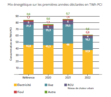 Consommation énergétique France, histogramme par type, TWh.